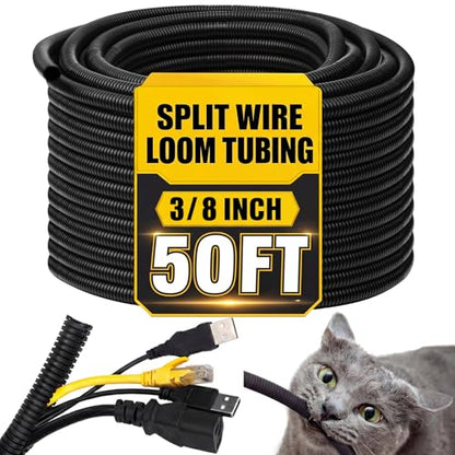 Kanayu 3/8''-50 Ft Split Wire Loom Tubing, Black Flame Retardant - color: Black, size: 3/8''-50 Ft