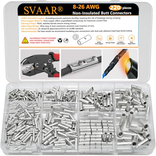 SVAAR 220 PCS 26-8 AWG Non-Insulated Butt Connectors Uninsulated Butt Splices Tinned Copper Marine Grade Butt Splice Terminals 26-8 Ga. Wire Splice Connector Seamless Barrel Crimp Butt Splice Terminal - color: Non-Insulated Splice - Tinned Copper