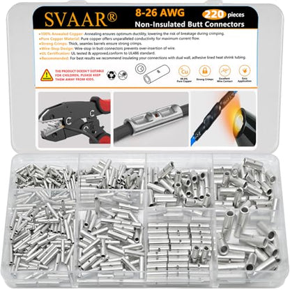 SVAAR 220 PCS 26-8 AWG Non-Insulated Butt Connectors Uninsulated Butt Splices Tinned Copper Marine Grade Butt Splice Terminals 26-8 Ga. Wire Splice Connector Seamless Barrel Crimp Butt Splice Terminal - color: Non-Insulated Splice - Tinned Copper