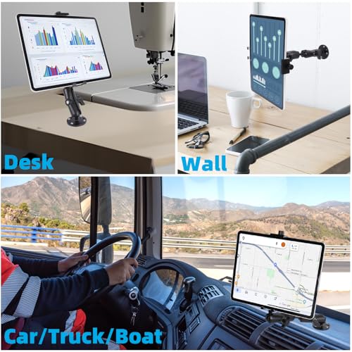 All-Aluminum Heavy Duty Drill Base Tablet Holder Mount for 4.7"-15" iPad Pro,Mini,Samsung Galaxy Tab, Surface, 360°Adjustable 2-Stage Arm Car Stand for Truck Dashboard Wall Desk Commercial Vehicle