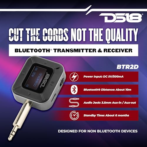 DS18 BTR2D 2 in-1 Wireless Bluetooth 5.0 Transmitter Receiver for Car, Home, TV, PC, Headphones - Dual Devices Simultaneously - up to 12HR Usage - Wireless Audio Adapter 3.5mm Aux with LCD Screen