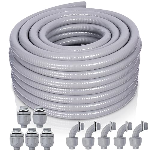 Liquid-Tight Conduit and Connector Kit - 3/4 Inch 50 FT Non Metallic Liquid Tight Electrical Conduit with 5 Straight and 5 Angle Fittings - size: 3/4inch 50 Ft