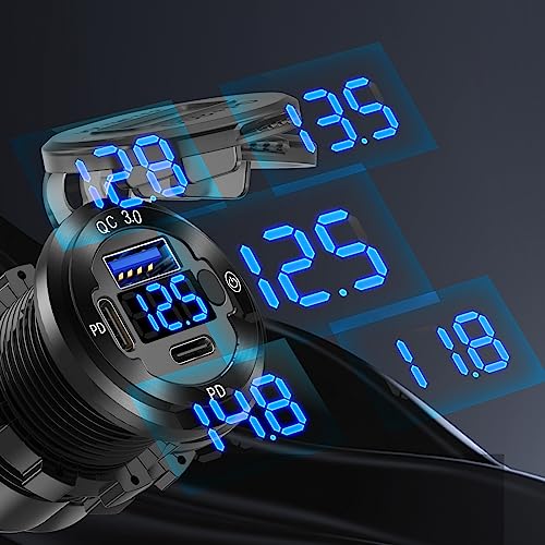 12V USB Car Socket Round USB C 12V Outlet, 3-Port Marine Fast Charger Waterproof Cigarette Outlet Replacement Aluminum with Switch & Voltmeter, Suitable for Boat Golf Cart RV Motorcycle Truck - color: pack of one