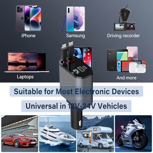 Retractable Car Charger for iPhone 15 Pro Max, Car Cigarette Lighter 66W Fast USB C Phone Charger, 4 in 1 Retractable Type C Car Charger for iPhone/MacBook Pro/Air,Huawei