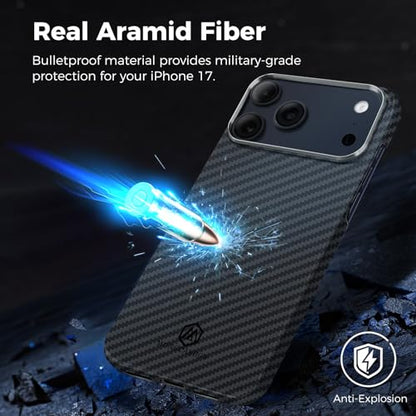 MONOCARBON Aramid Fiber Case for iPhone 17 Air, Ultra-Thin & Light 6.5in Hard Cover with [Metal Camera Frame], [1500D Aramid Fiber Woven],[MagSafe Compatible], [Easy-Grip]+[Free Screen Protector] - size: for iPhone 17 Air
