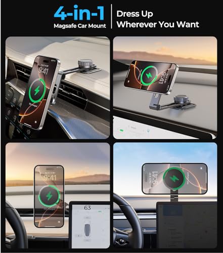 Tesla Phone Mount Qi2 Charger for iPhone MagSafe 【Hidden Foldable Design】 15W Wireless Charging, Universal Car Magnetic Dashboard Phone Holder, Tesla Model 3/Y/Cybertruck Accessories