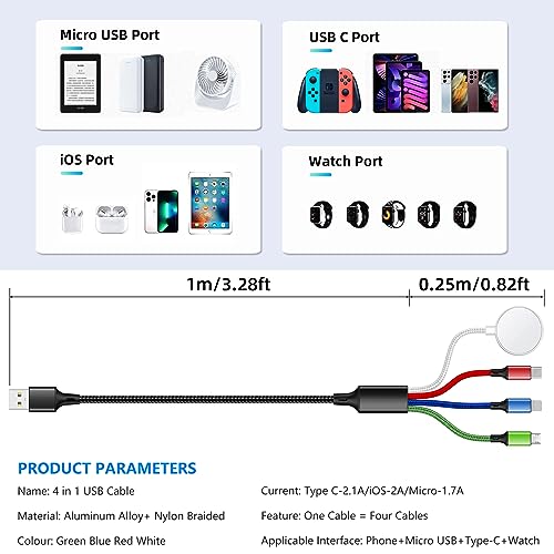 2Pack 4 in 1 iWatch & iPhone Charger for Travel, Multi Charging Cable for Apple Watch Charger Wireless USB C Micro Compatible with iWatch Ultra/SE/10/9/8/7/6/5/4/3/iPhone 16/15/14 Galaxy Android(4FT) - size: 4ft+4ft