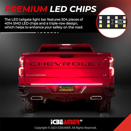 ICBEAMER Triple Row 60 inch 504 pcs LED for Pick up/Truck Tailgate Light Bar Side Bed Light Strip Bar IP67 Waterproof Reverse- 6 Functions Tail/Brake/Sequential/Turn Signals/Reverse/Flashing Lights - size: 60" Triple Rows