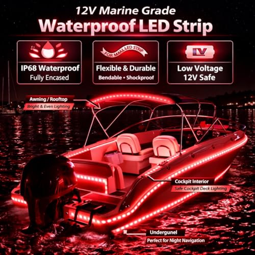 12V Marine Boat LED Light Strip Super Bright, 2 Pack 4FT IP68 Fully Waterproof RV Front Cap Lights, Golf Cart Underglow Roof Lights Strip for Truck ATV UTV SUV Car Pickup Trailer, Cuttable, Red - color: Red, size: 4FT