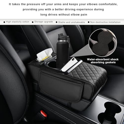 Car Center Console Armrest Pillow, 5-in-1 Armrest Cover with 2 Storage Bags Tissue Box Cup & Phone Holder, Comfy Arm Rest Cushion Leather Vehicle Middle Console Organizer (Black, Embroidered) - color: Black, Embroidered