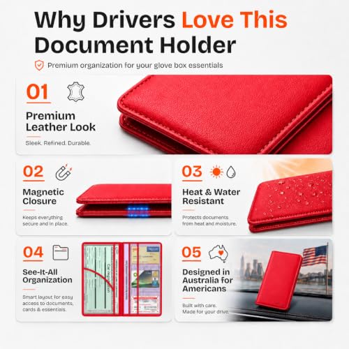 Insurance and Registration Holder, Red Premium PU Leather Glove Box Folder - color: Red