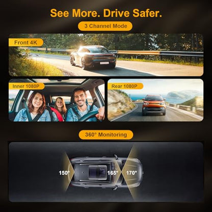 3 Channel Mirror Dash Cam with Front 4K, in-Cabin & Rear 1080P Cameras, Enhanced Night Vision, G-Sensor & Parking Monitor, 64GB Card Included, Triple Rear View Mirror Camera for Cars & Trucks