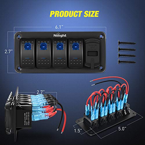 Nilight 4 Gang Rocker Switch Panel with 4.8 Amp Dual USB Charger Voltmeter - color: Blue, size: 5 Gang Dual USB
