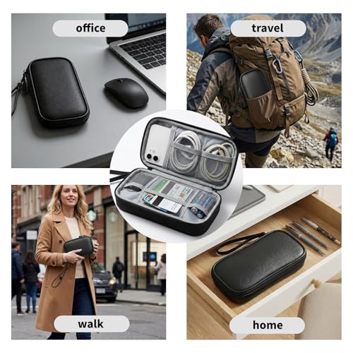 Leather Electronic Organizer Bag, Waterproof Travel Tech Pouch for Cord, Cable, Charger, Phone & Accessories (Black)