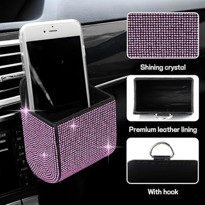 Car Vent Storage Organizer, Rhinestone Auto Air Vent Leather Storage Pouch, Bling Automotive Hanging Bag Pocket Case, Universal Car Mount Cell Phone Sunglasses Coin Holder (Pink) - color: Pink