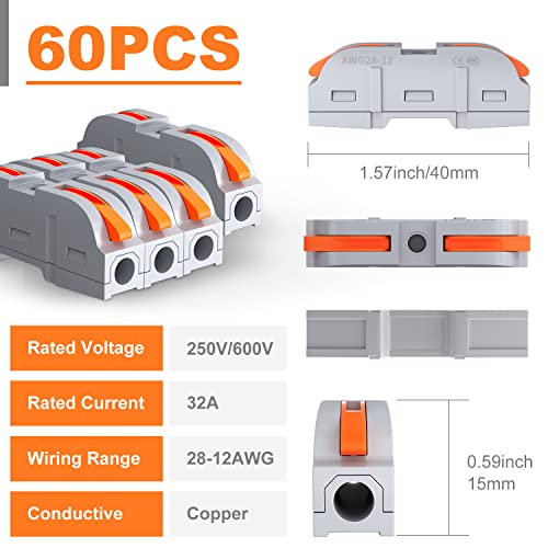 RVBOATPAT 60 PCS Wire Connectors Kit, 1 to 1 Inline Electrical Lever Wire Connectors Nuts Push in Quick Conductor Combination Compact Splicing Connectors 28-12 AWG - style: 1 to 1 Inline