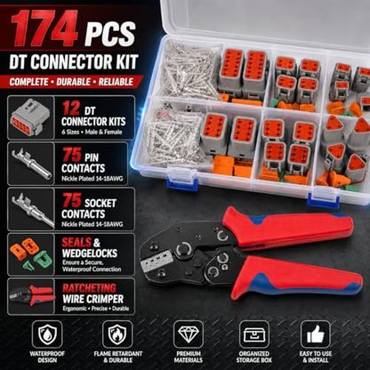174Pcs 12 Kits DT Connector Kit With Ratcheting Wire Crimper for Deutsch Connector, 2 3 4 6 8 12 Pin Connectors Automotive Electrical Connectors With Size 16 Stamped Contacts IP68 Waterproof