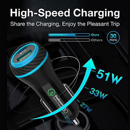MOCA USB-C Car Charger, 51W USB-C & USB-A 2-Port PD/QC 3.0 Car Power Adapter W/ 2pcs 3.3ft A-P/C-P Cable Car Charger for iPhone 17/16/15 Series, Samsung Galaxy S25/S24/S23 Series, iPad Pro, AirPods - color: Carbon Fiber Texture