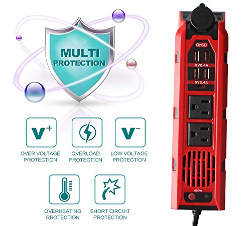 BYGD 200W Car Power Inverter DC 12V to 110V AC Car Adapter Outlet Converter - color: Red