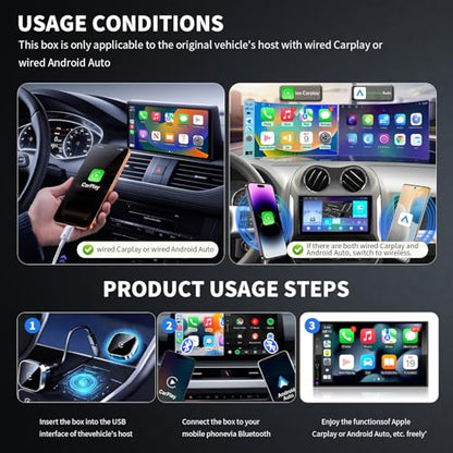 Wireless CarPlay and Android Auto Adapter, Ultra-Compact Aluminum Design with Dual-Band Technology, USB-C/USB-A Compatible for Wired CarPlay Vehicles