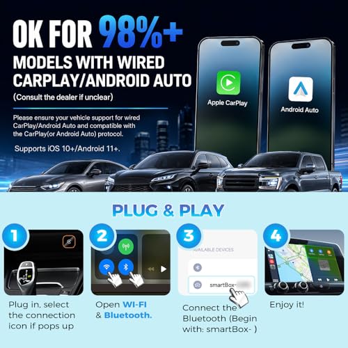 Wireless CarPlay & Android Auto Adapter, Wired to Wireless 2-in-1 CarPlay Dongle for iPhone＆Androidphone, No Audio Lag, Auto-Connect Plug & Play, USB-A/C, Fast, Stable for iOS 10+ & Android 11+