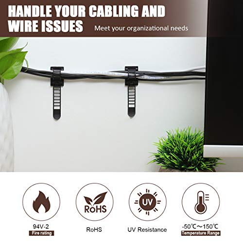 100Pcs Adhesive Cable Management Clips with 50Pcs Zip Ties, Adjustable Nylon Cable Strap Ties Wire Clips Clamps Organizer with Strong Adhesive Tape, Extra Screw & Hole - 3.55 Inch Black (Pack of 4) - color: Black, size: L-100pcs (Pack of 4)