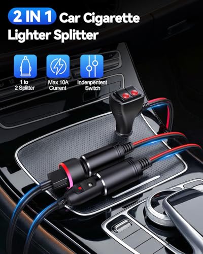 Cigarette Lighter Splitter, 12V Car Cigarette Lighter Splitter, 1 to 2 Double Cigarette Lighter Adapter 2 Way Socket with Dual Independent ON/OFF Switches, 16AWG Dual 12V Car Adapter with 10A Fuse