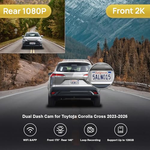 Fitcamx Front 2K+Rear 1080P Dash Cam Adapts for Toyota Corolla Cross 2023-2026 Hybrid (NOT Corolla), OEM Style, Dual HD Video, Built-in WiFi & APP, Loop Recording, G-Sensor, Easy to Use, 64GB Card - style: Front 2K+Rear 1080P