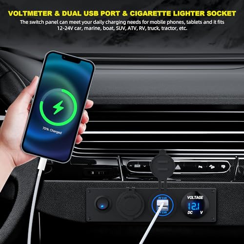 RVMARINEPAT 4 in 1 Charger Outlet Socket Panel 12V DC 4.8A Dual USB Power Outlet & 12 Volt Cigarette Lighter Socket & LED Voltmeter & Lighted ON/Off Rocker Toggle Switch for Marine Boat Truck RV Car - color: BLUE