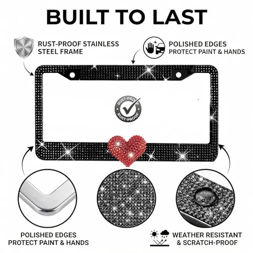 1 Pack Black Bling License Plate Frame with Red Rhinestone Heart - color: Black Frame+Red Heart