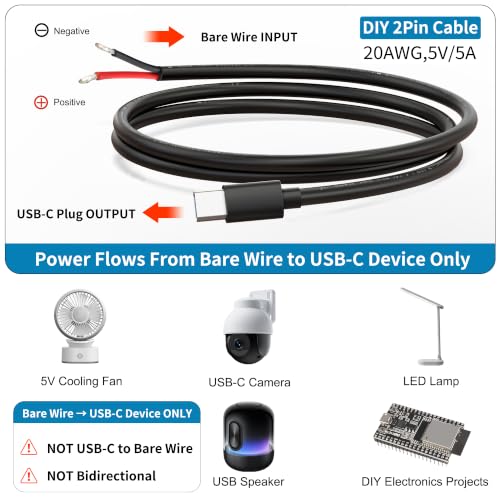 USB-C Power Pigtail to Bare Wire 20AWG 5V 5A Cable 1M 3.3FT 2 Pack