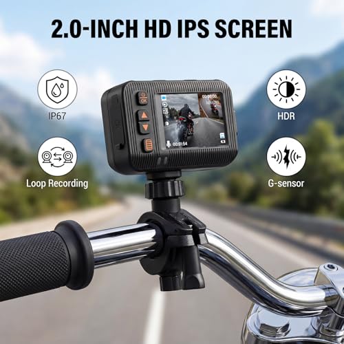 CAMECHO Motorcycle Dash Cam Front and Rear, HD Dual Dash Camera for Cars, 2 inch Display, Waterproof, G-Sensor, HDR, Loop Recording, Dashcam, Wired Controller