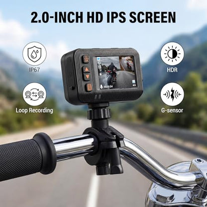 CAMECHO Motorcycle Dash Cam Front and Rear, HD Dual Dash Camera for Cars, 2 inch Display, Waterproof, G-Sensor, HDR, Loop Recording, Dashcam, Wired Controller