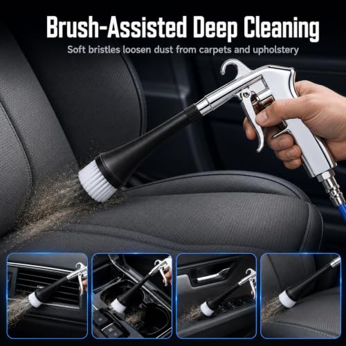 Car Cleaning Gun for Car Detailing, High Pressure Air Blow Gun Works with Air Compressor, Dry Cleaning Gun Quickly Removes Surface Dirt and Dust from Interior, Comes with 3 Brushes and 2 Nozzles