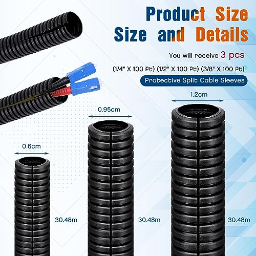 Sasylvia 1/4", 1/2", 3/8" X 100ft Split Wire Loom Tubing, Cord Protector - size: 1/4", 1/2", 3/8" X 100ft