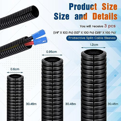 Sasylvia 1/4", 1/2", 3/8" X 100ft Split Wire Loom Tubing, Cord Protector - size: 1/4", 1/2", 3/8" X 100ft