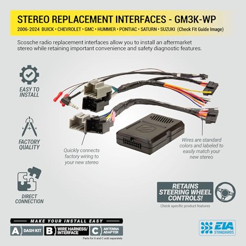 Scosche GM3K-WP Factory Stereo Replacement Interface Adapter, Compatible with Select 2006-24 GM Vehicles, Car Radio Wiring Harness, Retains Steering Wheel Controls & OEM Amplifier - See Fit Guide