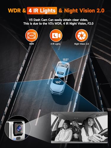 3 Channel Dash Cam Front and Rear Inside, 2.5K Front Cabin Recorder with Super Night Vision, WiFi App Control, Loop Recording, G-Sensor, 24H Parking Mode Dash Camera for Commuters & Family SUV