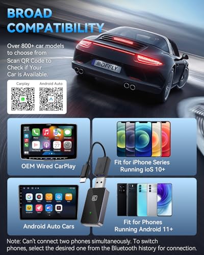 2026 Upgraded 2 in 1 Wireless CarPlay & Android Auto Adapter, USB A/C Dongle Convert Factory Wired for iOS 10+ & Android 11+(Black)