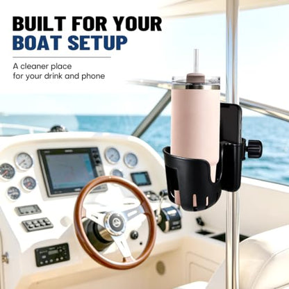 Boat Rail Cup Holder with Phone Slot, Clamp-On Mount for 0.6-1.57 in Rails