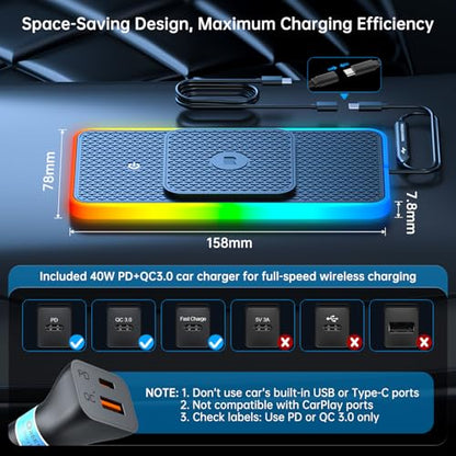 Wireless Car Charger Pad, REESTECQI 15W RGB Wireless Charger for Car Type C Non Slip Charging Pad for Car Compatible with Airpods iPhone16/15/14/13/12, Samsung Google (30CM+ 70CM Extension)