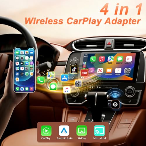 4 in 1 Wireless CarPlay Adapter with Screen Mirroring – Supports Apple CarPlay & Android Auto & AirPlay & MirrorLink, 2026 Upgraded screen mirroring dongle for car, USB-A/USB-C Connection, Plug & Play