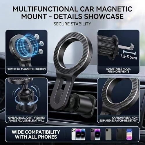 Magnetic Car Air Vent Phone Holder, Upgraded Metal Hook 360° Rotatable Universal Car Phone Mount, Strong Magnet Hands Free Smartphone Holder Compatible with All Phones