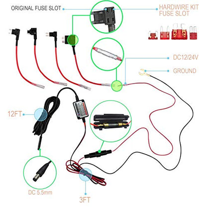 15ft Car Dash Cam Hardwire Kits,DC 5.5mm Head Charge Cable Tools w. Mini(ACS)/LP Mini(ACN)/ATO(ATC or ACU)/Micro2(ACZ) Fuse for NuCam WR & Galaxy Projector etc - size: DC 5.5mm