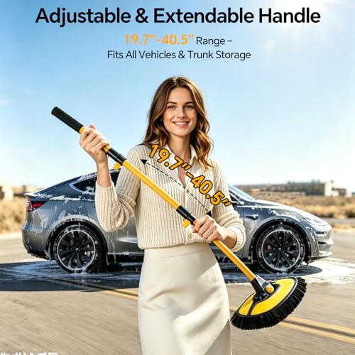 7 in 1 Car Wash Kit with 20L Folding Bucket & Brush, Extendable Car Wash Brush with 40.5" Long Handle, 15° Curved Aluminum Pole, Scratch-Free Microfiber Chenille Mop for SUV Truck RV, Yellow - color: Yellow