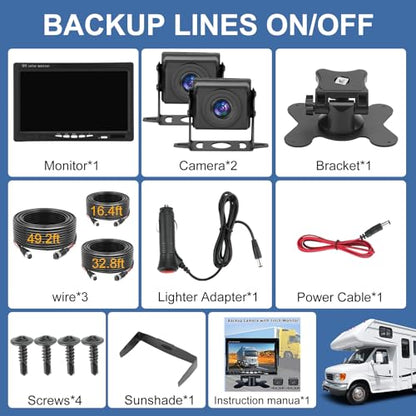 Dual RV Backup Camera with 7 Inch Monitor, AHD 1080P, 2 Channel, DIY Guide Lines 150 Degree Wide View Angel Wired Reverse Rear View Camera for Truck Car Trailer Camper Tractor - size: 7''+ 2 Camera