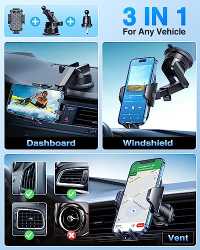 [True Military-Grade] Car Phone Holder VANMASS [Upgraded Strongest Suction&Clip] Cell Phone Mount for Dashboard Windshield Vent Kit, Truck Cradle Stand for iPhone 17 Pro Max 16 15 14 Android,Ink Black - color: Ink Black