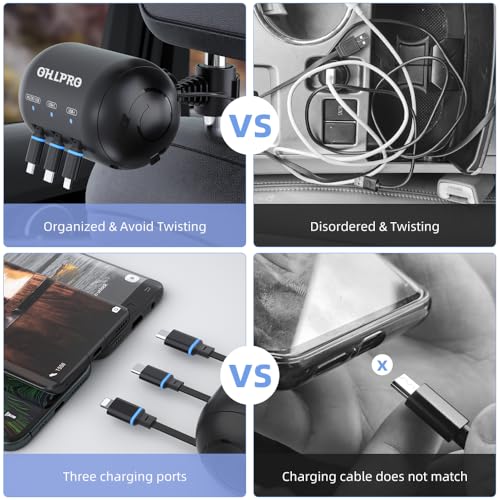 OHLPRO Multi Car Retractable Backseat 3 in 1 Car Charging Station Box Compatible with All Phones | iPhone | Samsung | Uber Taxi Lyft Turo Ride Share Customer Charging Dock Attach to Headrest - size: 2 Pack | 3-IN-1 Charging Station