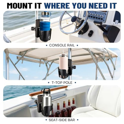 Boat Rail Cup Holder with Phone Slot, Clamp-On Mount for 0.6-1.57 in Rails