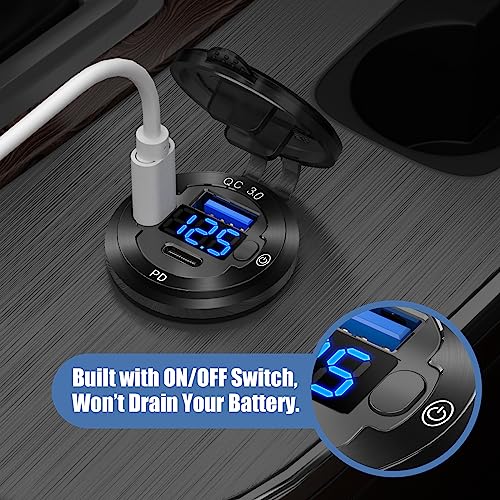12V USB Car Socket Round USB C 12V Outlet, 3-Port Marine Fast Charger Waterproof Cigarette Outlet Replacement Aluminum with Switch & Voltmeter, Suitable for Boat Golf Cart RV Motorcycle Truck - color: pack of one